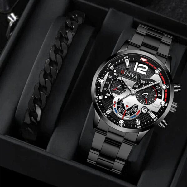 “Executive Edge” | Men’s Steel Quartz Watch + Bracelet Set - Beeld 2