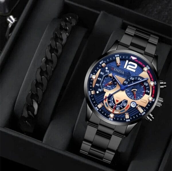 “Executive Edge” | Men’s Steel Quartz Watch + Bracelet Set - Beeld 3