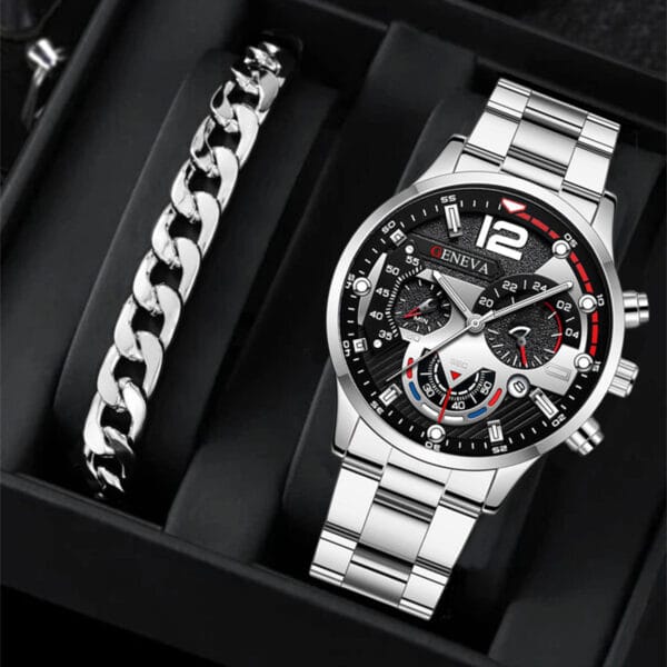 “Executive Edge” | Men’s Steel Quartz Watch + Bracelet Set - Beeld 4